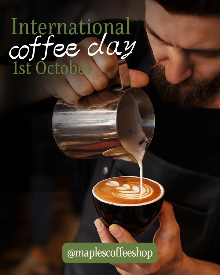 Concept post: International coffee day, a barista pouring latte art.