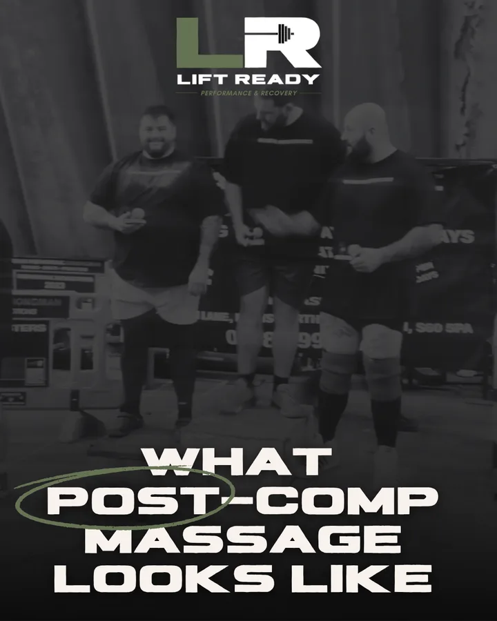 Lift Ready post: What post-comp massage looks like, over three strongman competitors.