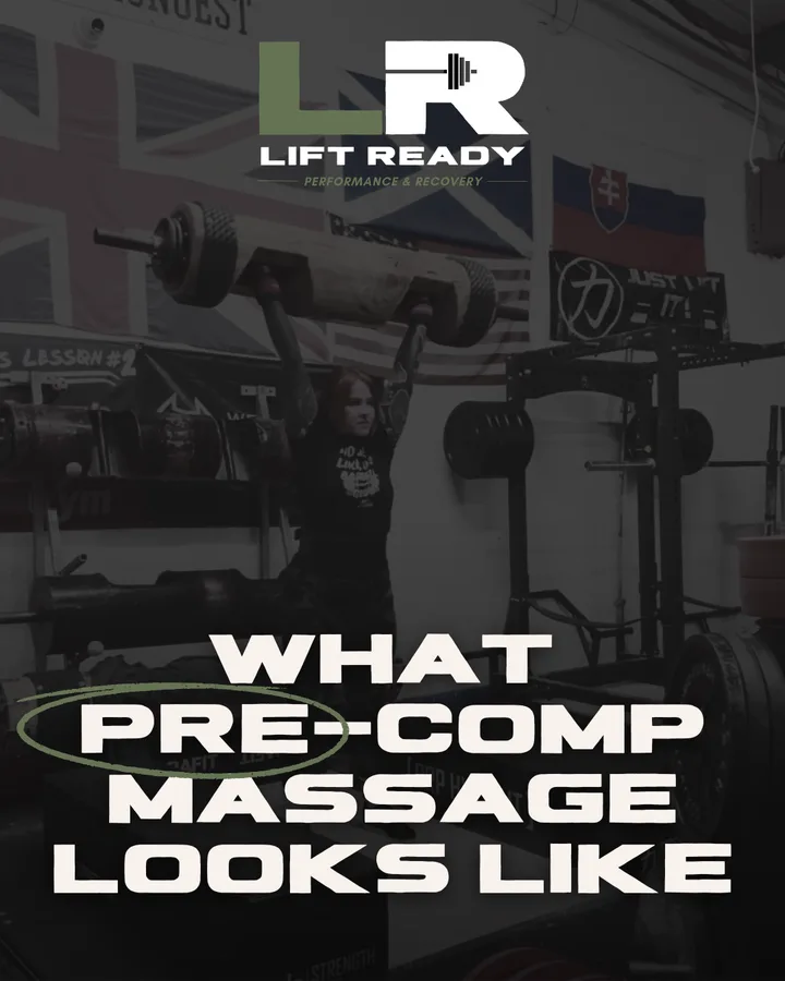 Lift Ready post: What pre-comp massage looks like, over a lifter pressing a log overhead.