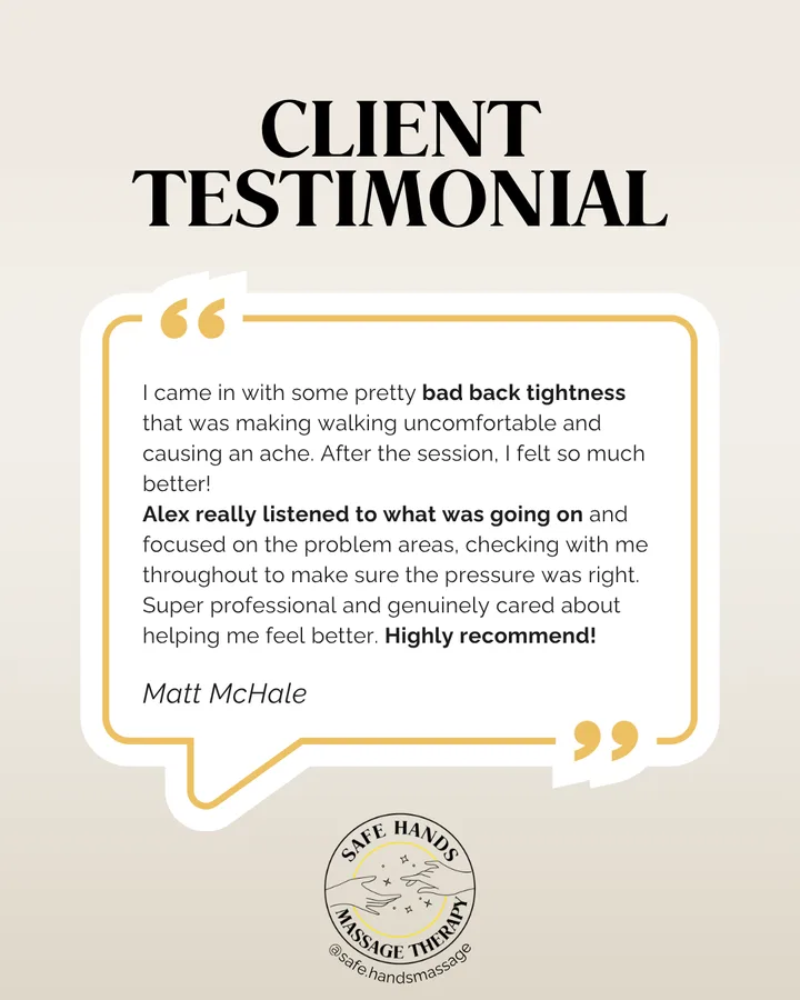 Safe Hands post: a client testimonial from Matt McHale in a gold speech bubble.