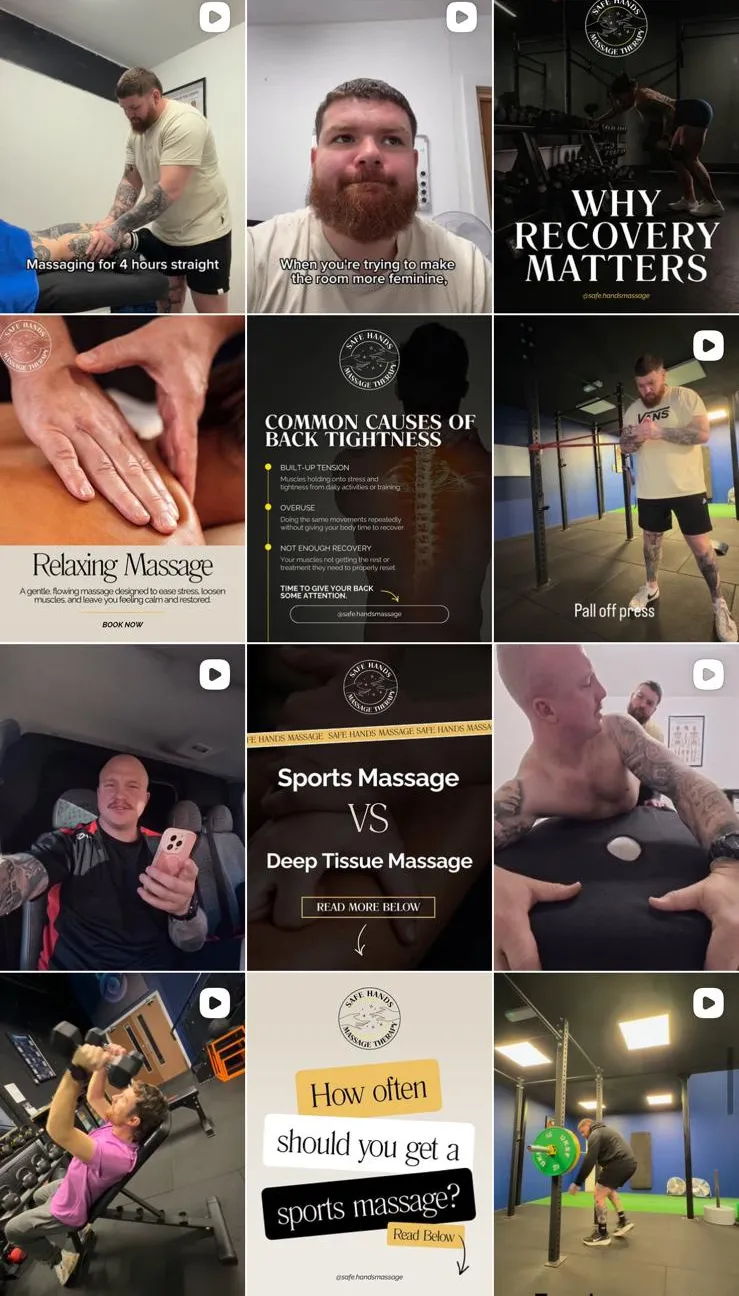 The Safe Hands Massage Therapy Instagram grid: reels, tips and testimonials in one consistent look.