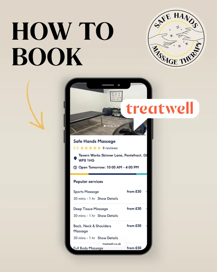 Safe Hands post: How to book, a phone showing the Treatwell listing.