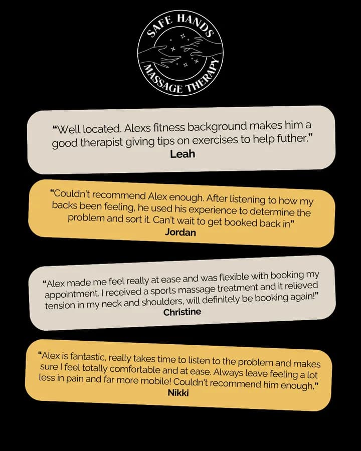 Safe Hands post: four short client reviews in gold and stone bubbles.