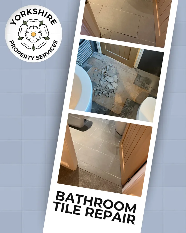 Yorkshire Property Services post: Bathroom tile repair, three stages on a tilted strip.