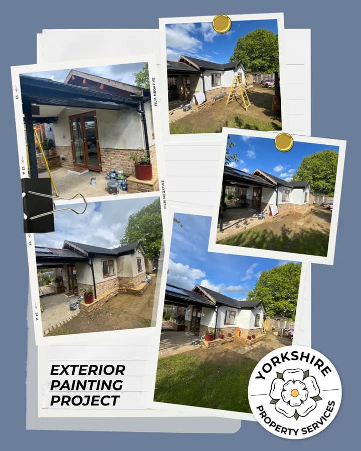 Yorkshire Property Services post: Exterior painting project, five pinned photographs of a bungalow.
