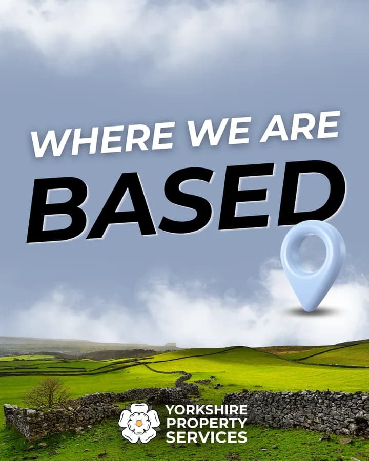 Yorkshire Property Services post: Where we are based, a map pin over Yorkshire hills.