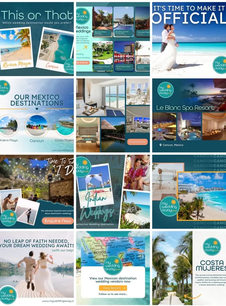 The My Wedding Away Facebook photo grid: teal posts of beach weddings and Mexican resorts.