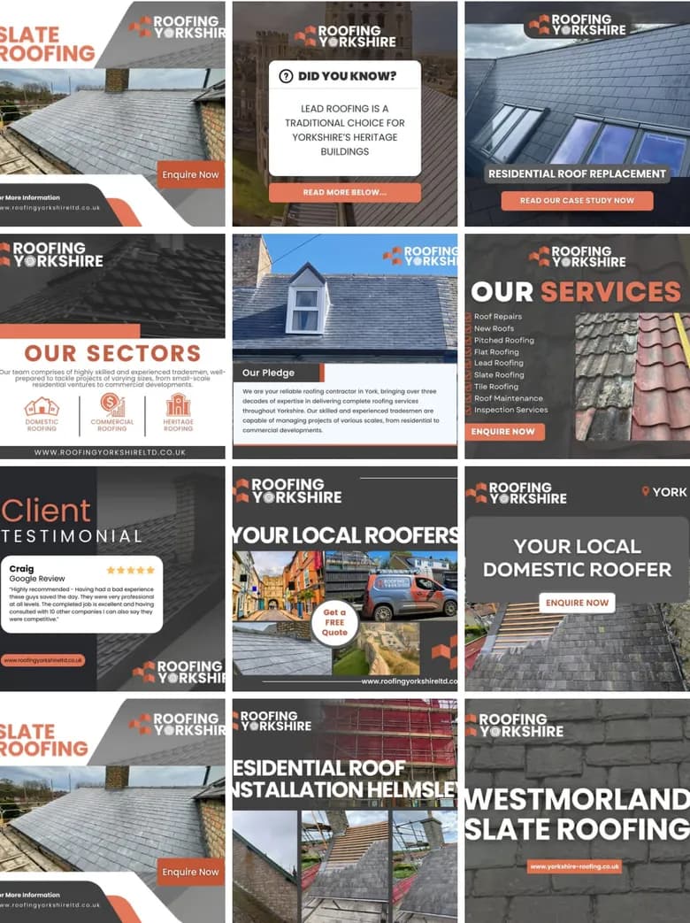 The Roofing Yorkshire Ltd Facebook photo grid: dark grey and orange posts about slate roofing, services and sectors.