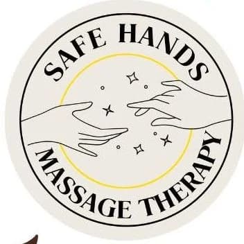 The refreshed Safe Hands Massage Therapy logo: black capitals around the same two hands, with a fine yellow ring.