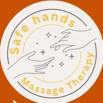 The earlier Safe Hands Massage Therapy logo: yellow lettering around two reaching hands.