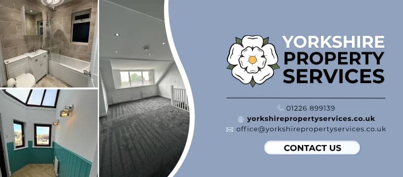 Yorkshire Property Services Facebook cover: three finished rooms beside the white rose logo and contact details.